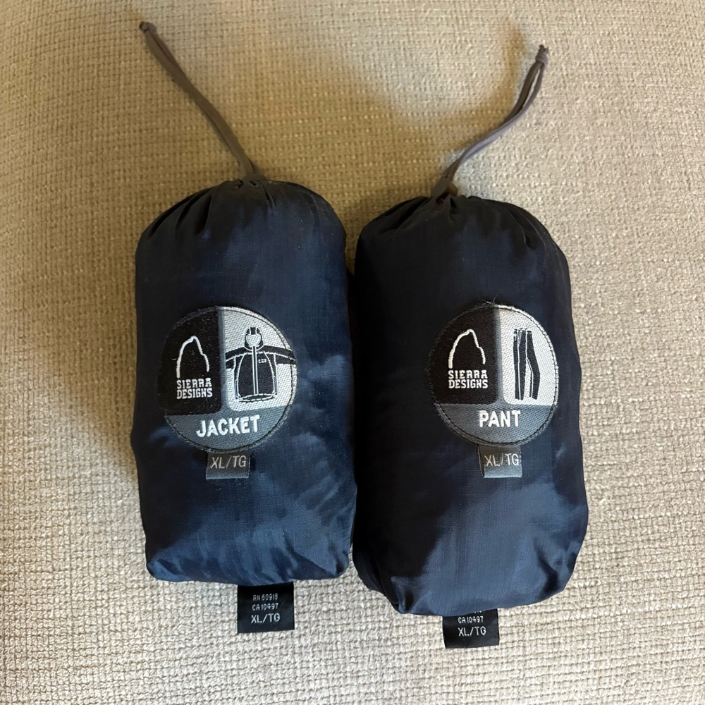 Sierra Designs packable rain pants and jacket set size XL